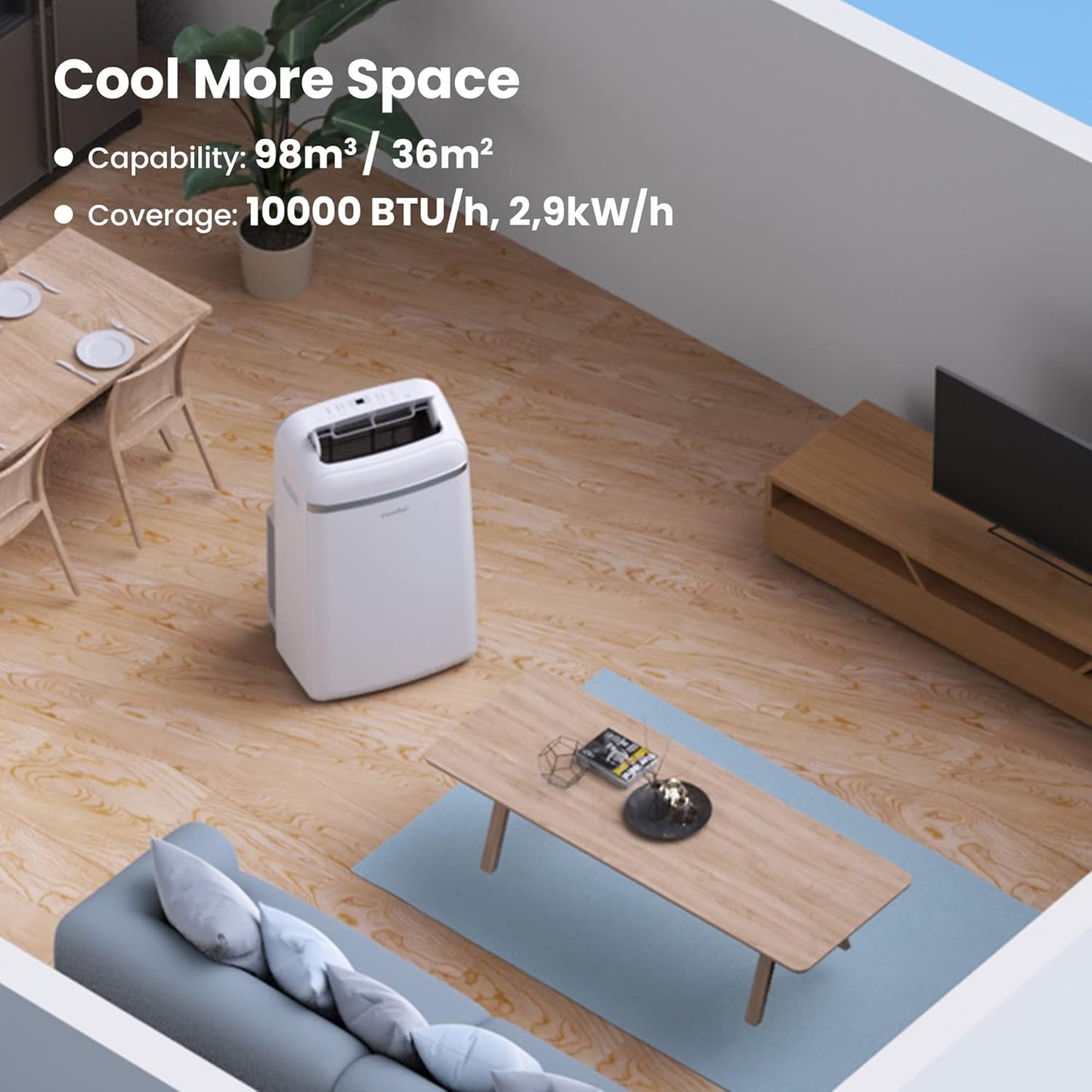 Comfee Mobiles Klimagerät Pro 10000 BTU 3-in-1: Effiziente Raumkühlung, Entfeuchtung, Ventilation
