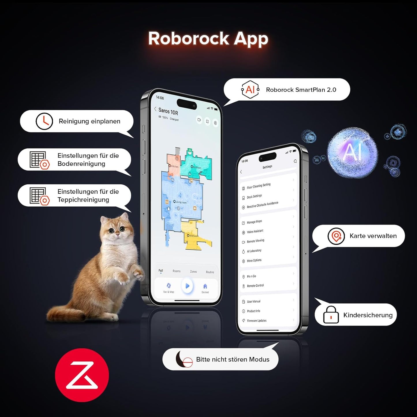 roborock Saros 10R Saugroboter mit Wischfunktion, ultraflach, StarSight 2.0, Zero-Tangle, Multifunktions-Dock