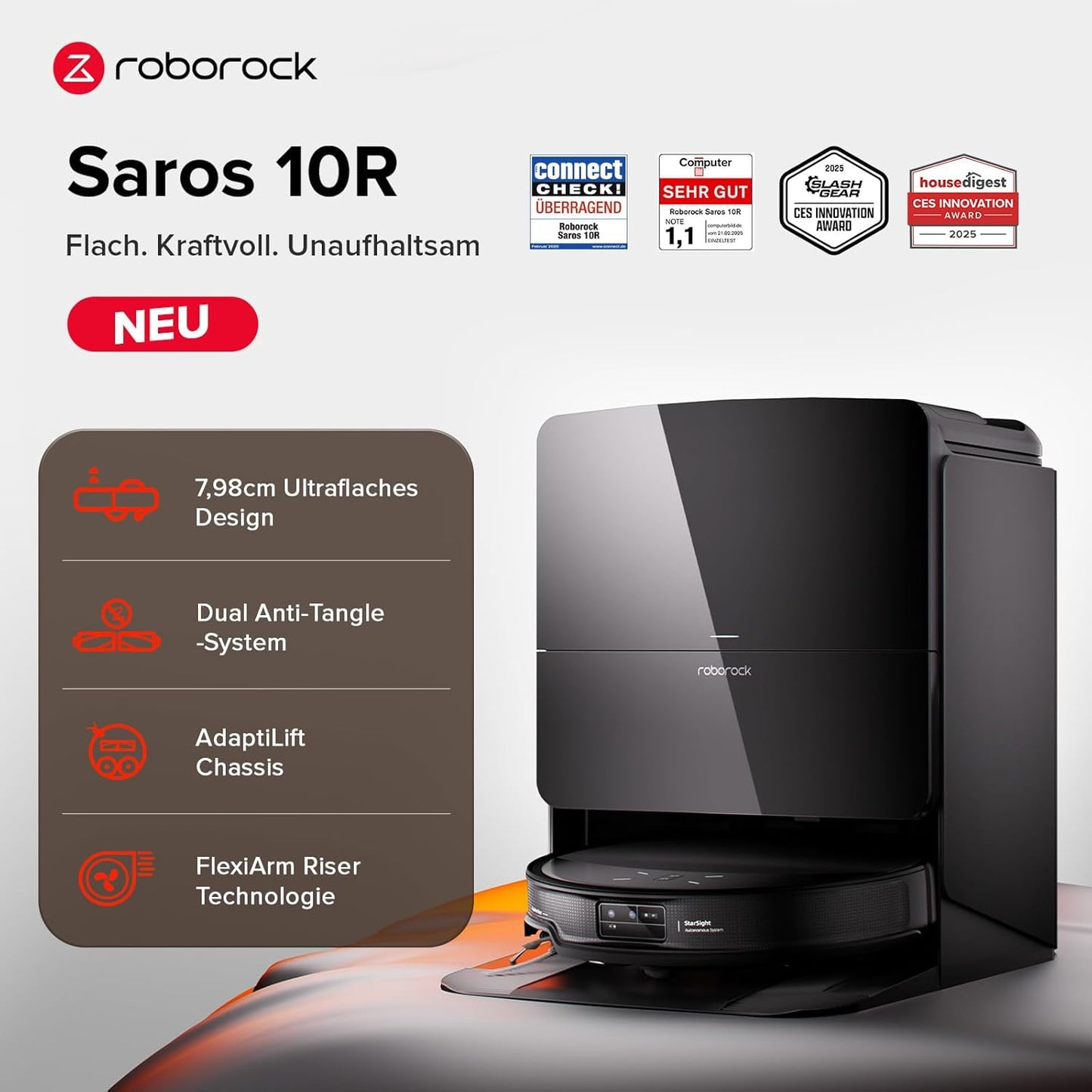 roborock Saros 10R Saugroboter mit Wischfunktion, ultraflach, StarSight 2.0, Zero-Tangle, Multifunktions-Dock