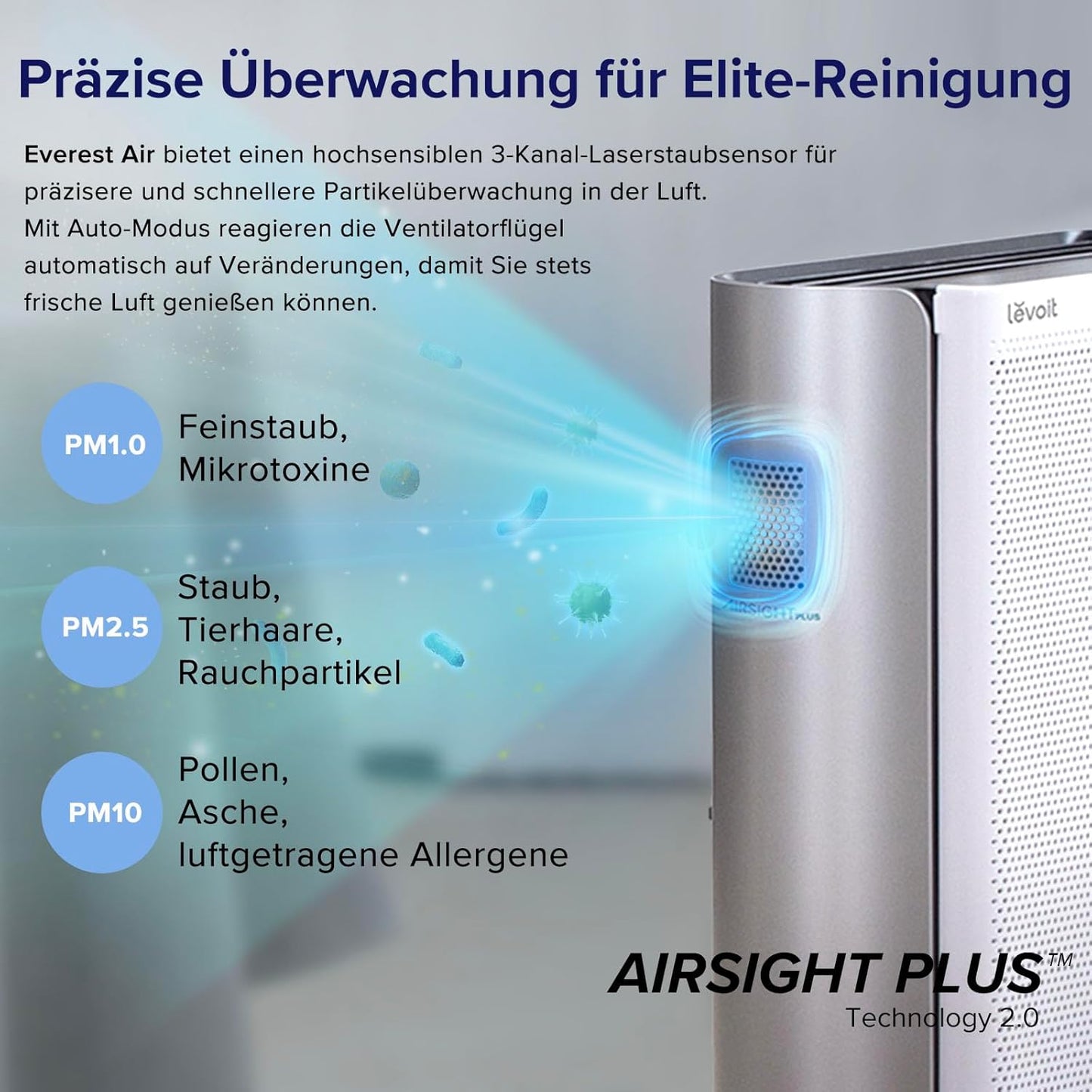 LEVOIT EverestAir Luftreiniger: Große Räume, Allergiker, Smart WiFi, Alexa, Leise 26dB