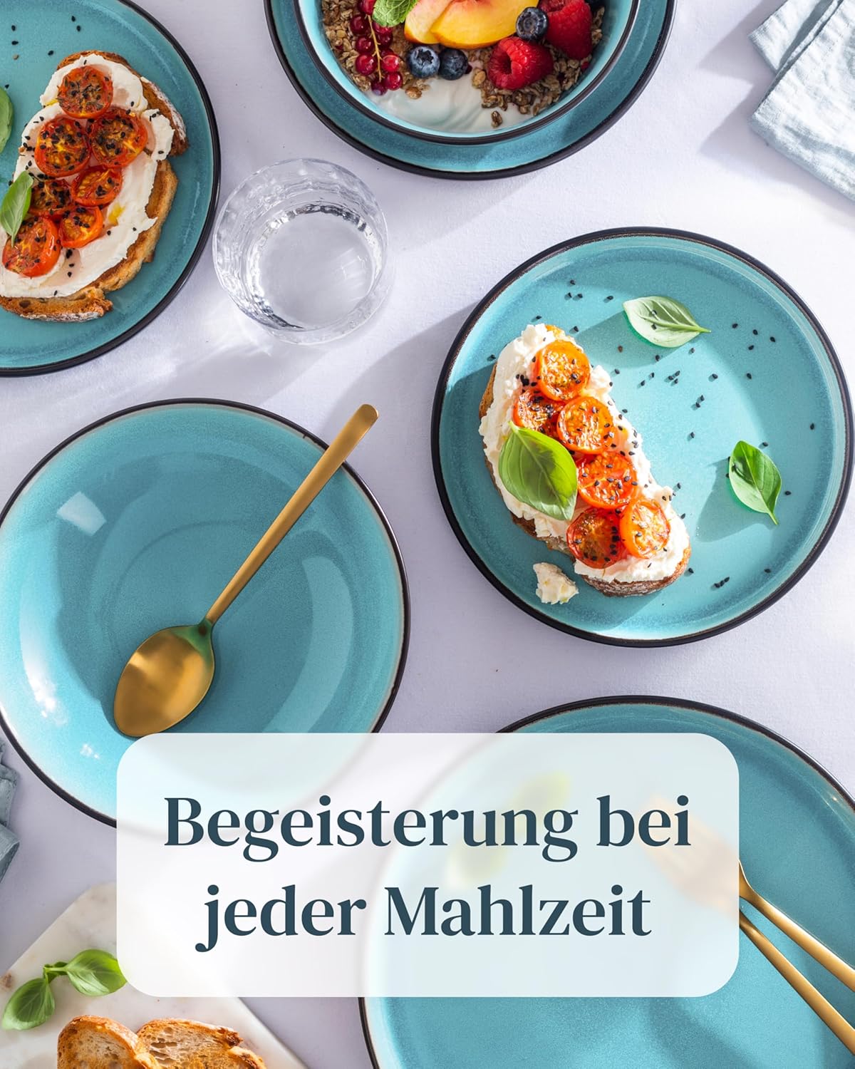 Ibiza 48-teiliges Steingut Geschirrset für 12 Personen, Aquamarin & Mattschwarz, Spülmaschinenfest