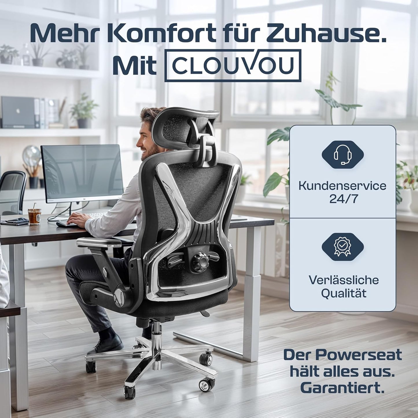 CLOUVOU PowerSeat Testsieger Ergonomischer Bürostuhl – Voll Anpassbar, Gaming, 200 kg