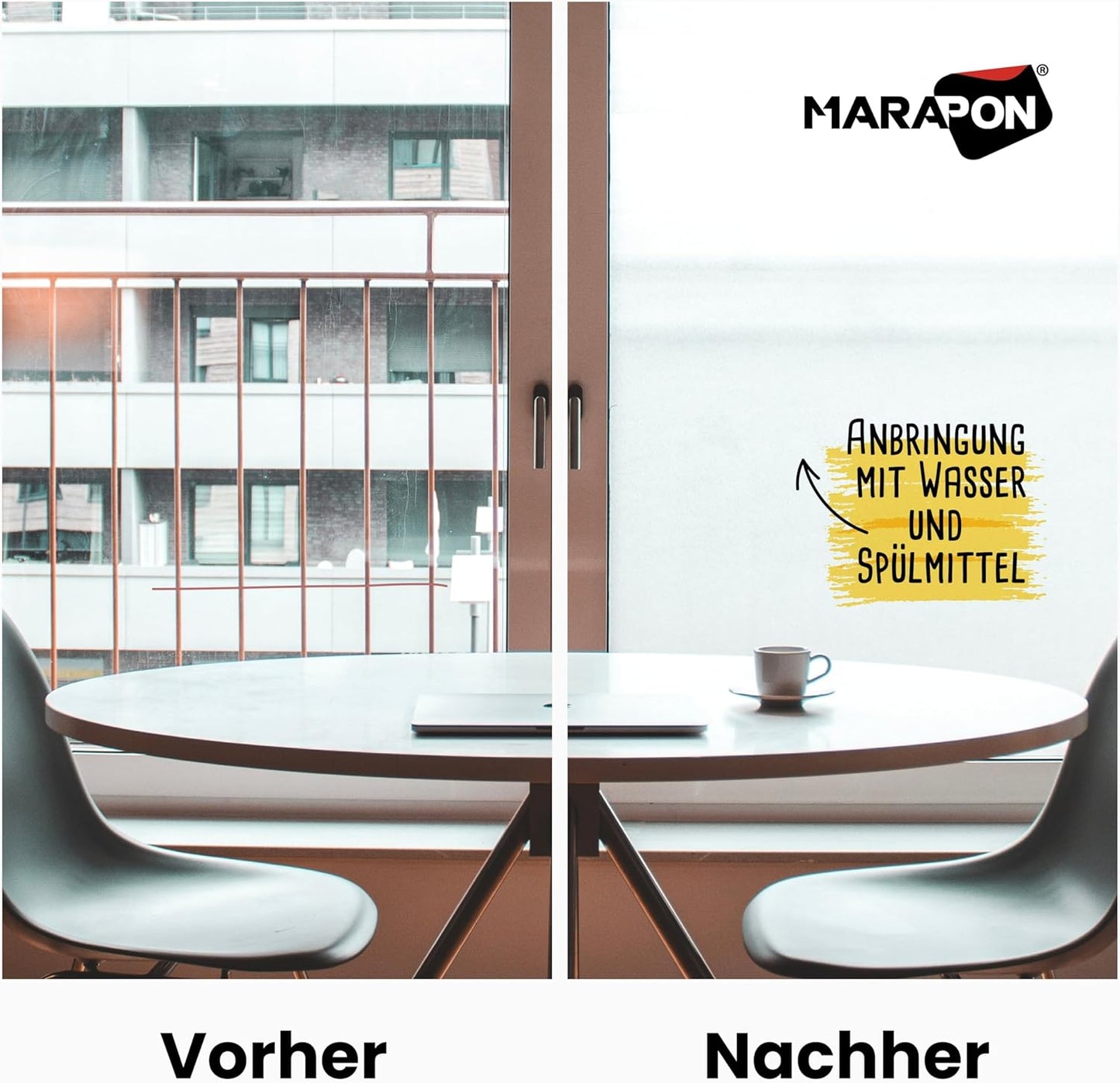 MARAPON® Matt Blickdichte Fensterfolie – Selbsthaftend für Privatsphäre, UV-Schutz, Milchglas-Effekt