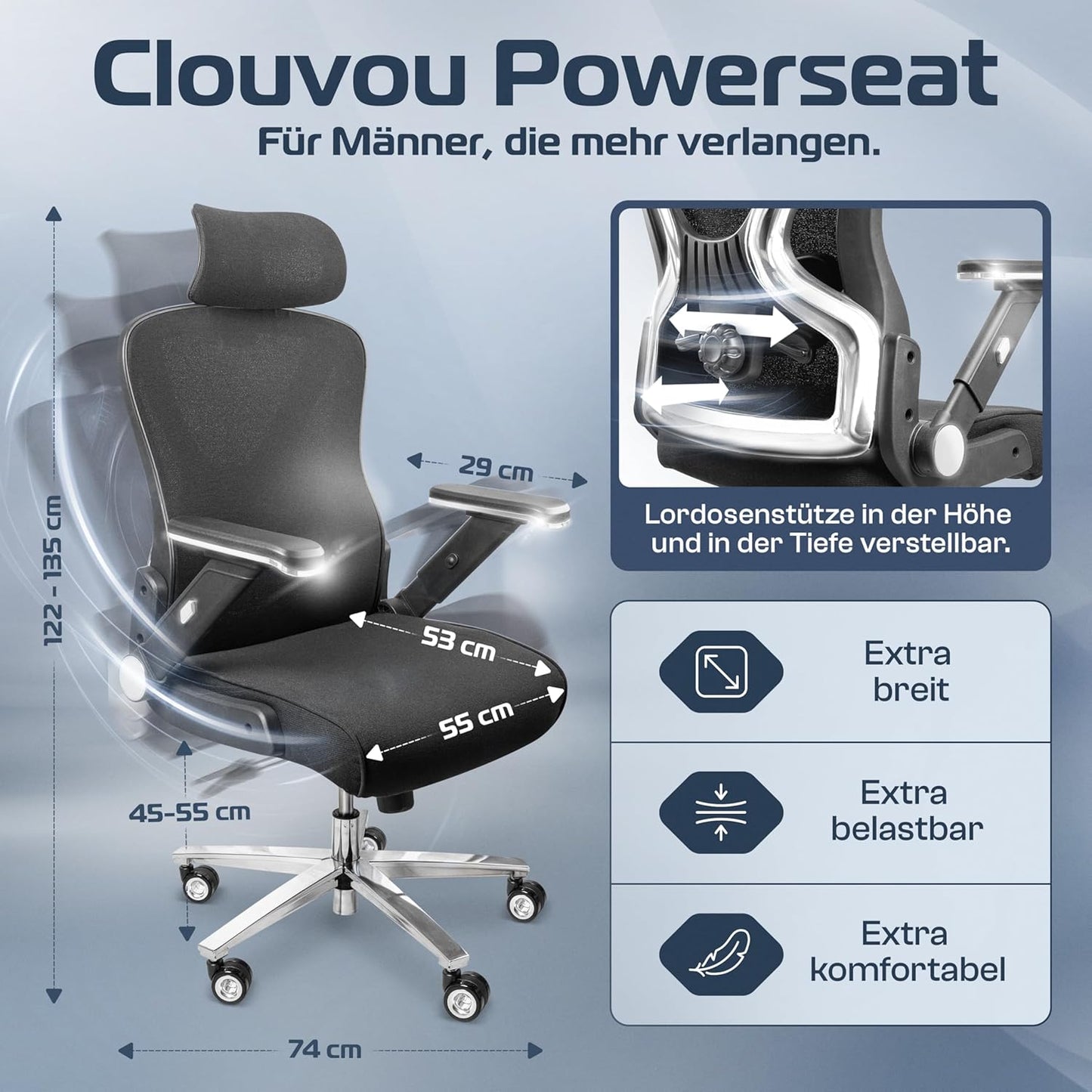 CLOUVOU PowerSeat Testsieger Ergonomischer Bürostuhl – Voll Anpassbar, Gaming, 200 kg