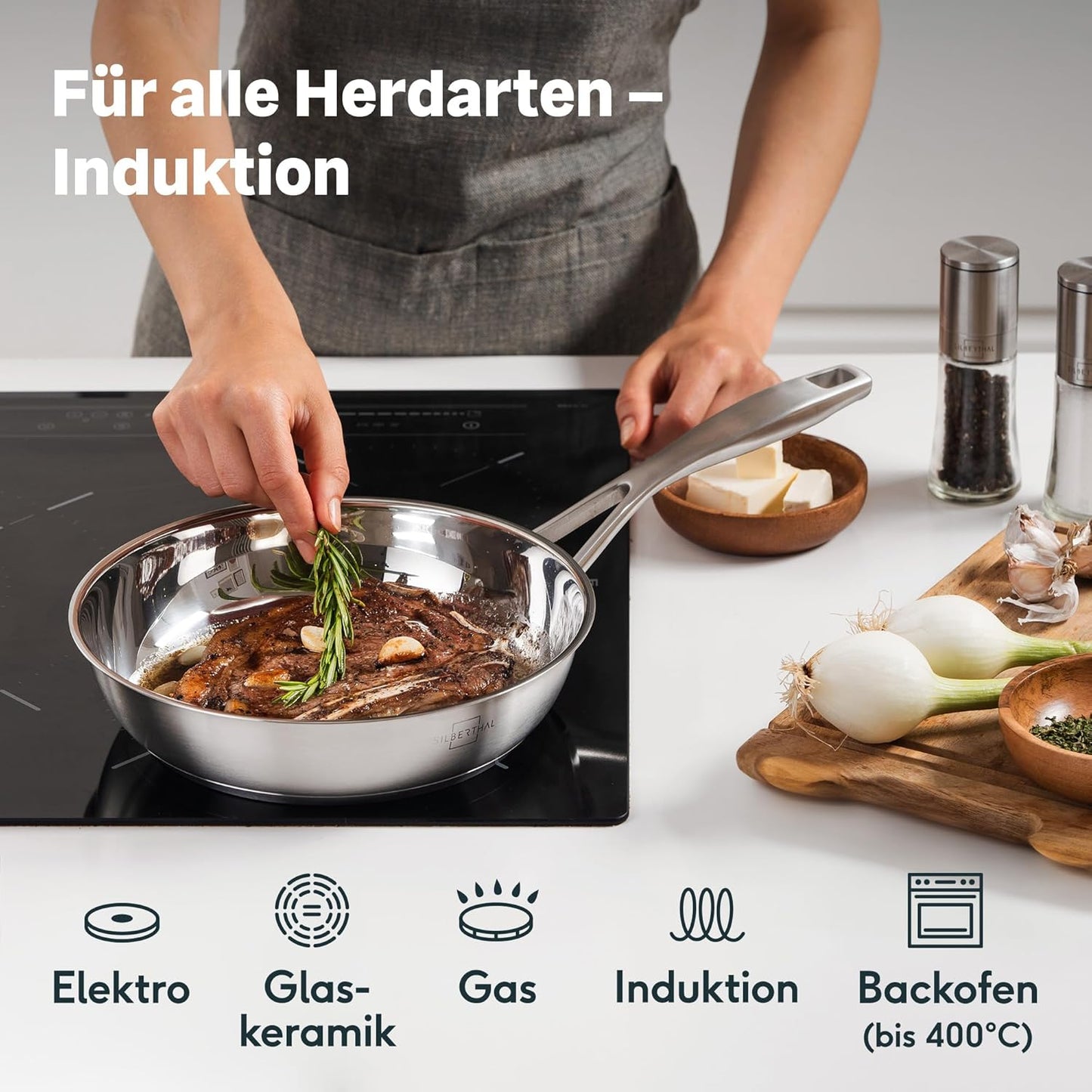 SILBERTHAL Profi Edelstahlpfannen Set 6-teilig 28cm – Induktion, Antihaft & Pur