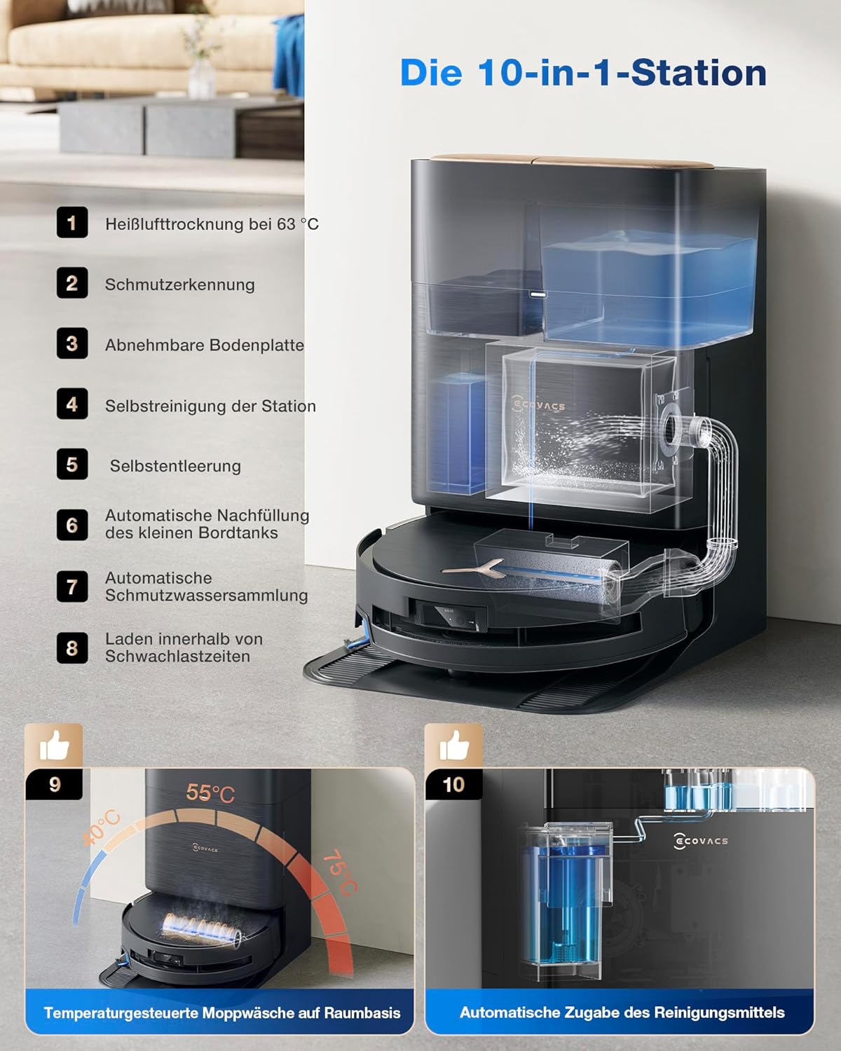 ECOVACS DEEBOT X9 PRO Omni: Intelligenter Saug-Wisch-Roboter, 16.600 Pa, Heißwasser-Moppwäsche.