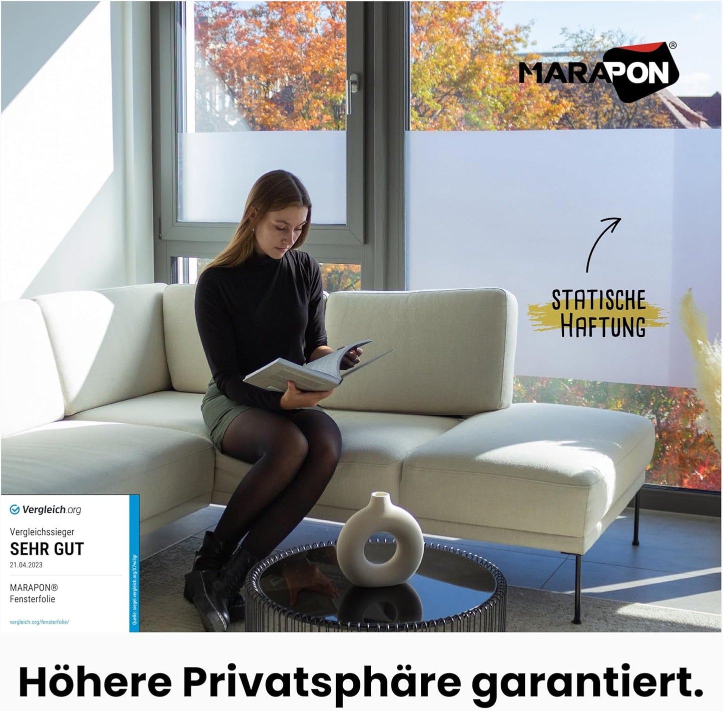 MARAPON® Matt Blickdichte Fensterfolie – Selbsthaftend für Privatsphäre, UV-Schutz, Milchglas-Effekt