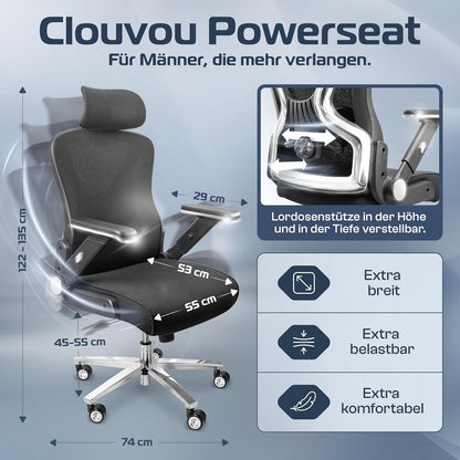 CLOUVOU PowerSeat Testsieger Ergonomischer Bürostuhl – Voll Anpassbar, Gaming, 200 kg