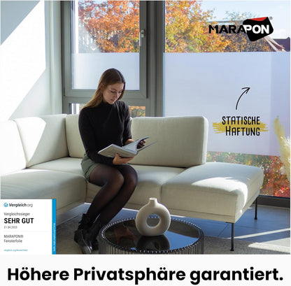 MARAPON® Matt Blickdichte Fensterfolie – Selbsthaftend für Privatsphäre, UV-Schutz, Milchglas-Effekt