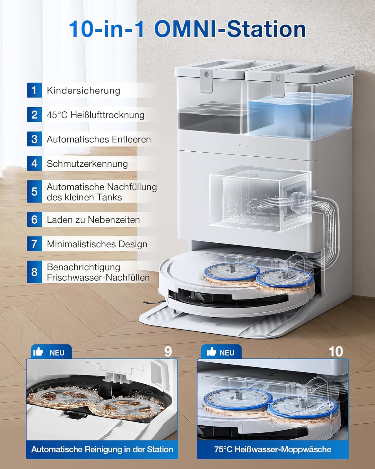ECOVACS DEEBOT T50 Omni Gen2 Saugroboter: 21.000 Pa, Wischfunktion, ZeroTangle, All-in-One Station, Weiß